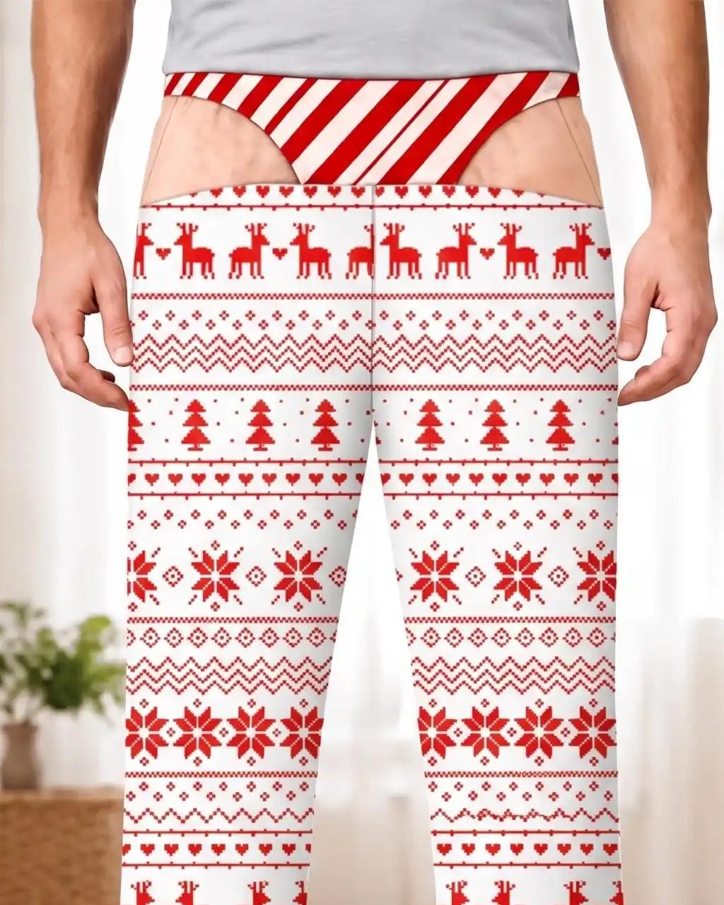 Funny Christmas pajama pants - Candy Stripe Reindeer front view, waist-to-knee detail of the printed candy-stripe thong illusion