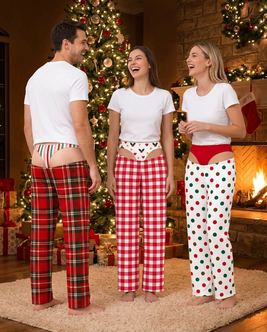 Funny Christmas Pajama Pants – group: Holiday Stripe Tartan, Gingham Holly Hearts and Merry Polka Dots