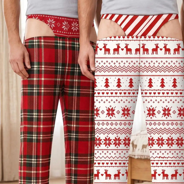 Snowflake Thong Tartan and Candy Stripe Reindeer pajama pants on two men