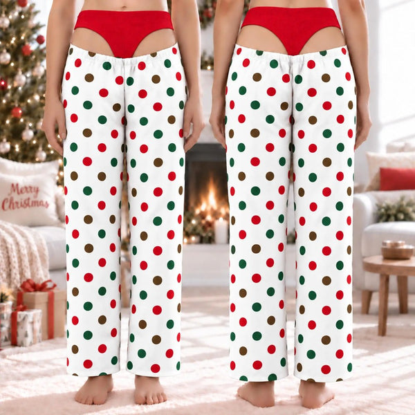 Merry Polka Dots pajama pants, front and back
