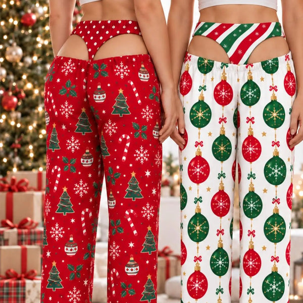 Candy Cane Forest and Ornament Candy Stripe pajama pants, back view, by a Christmas tree