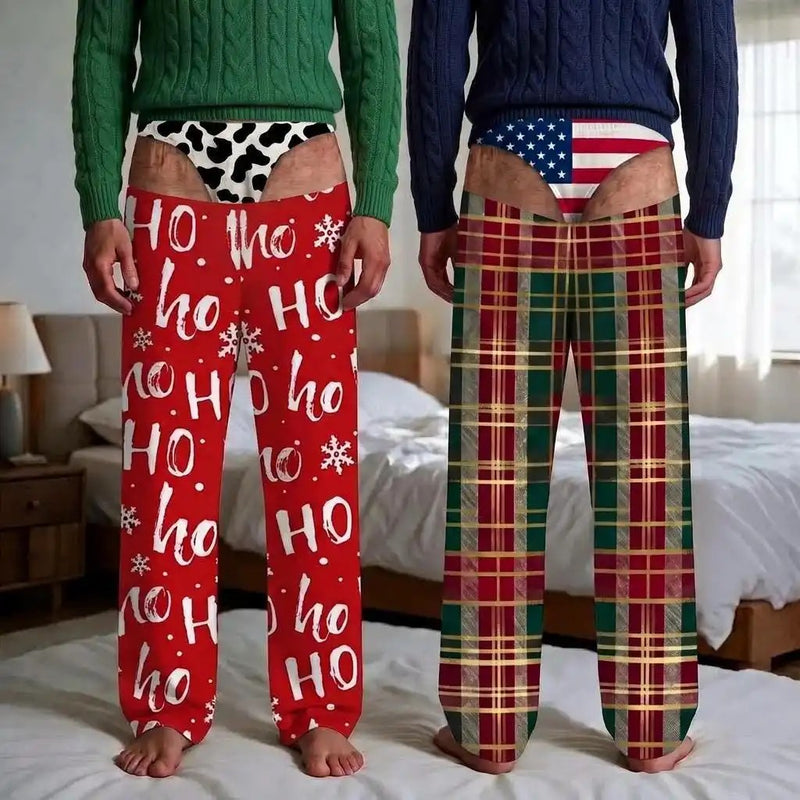 Funny Christmas pajama pants - Ho Ho Holy Cow + Patriot Plaid Briefs, front