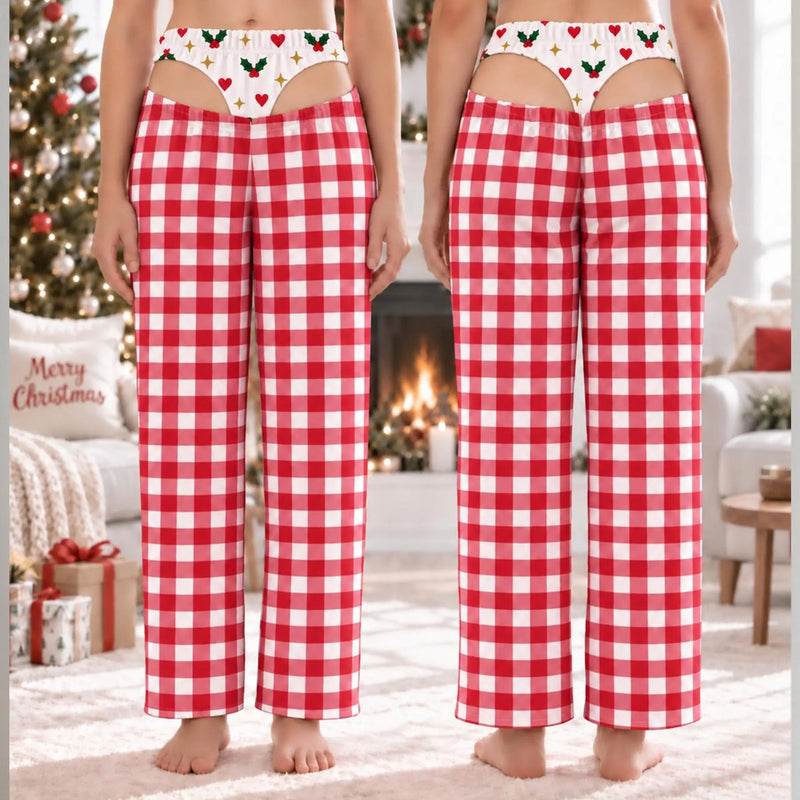 Funny Christmas pajama pants - Gingham Holly Hearts on women, front + back
