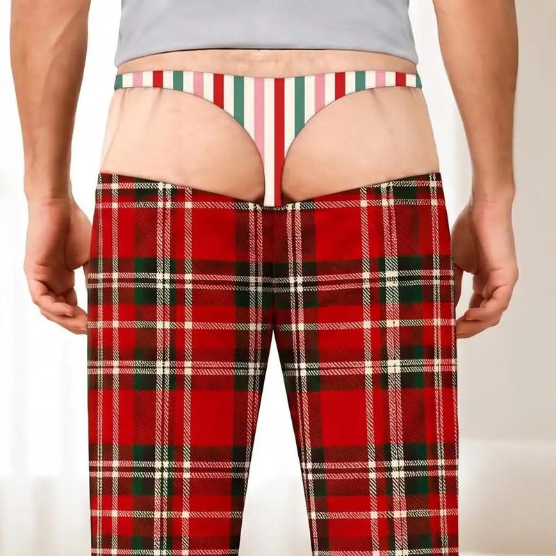 Funny Christmas pajama pants - Holiday Stripe Tartan back view, waist close-up (fake striped thong)