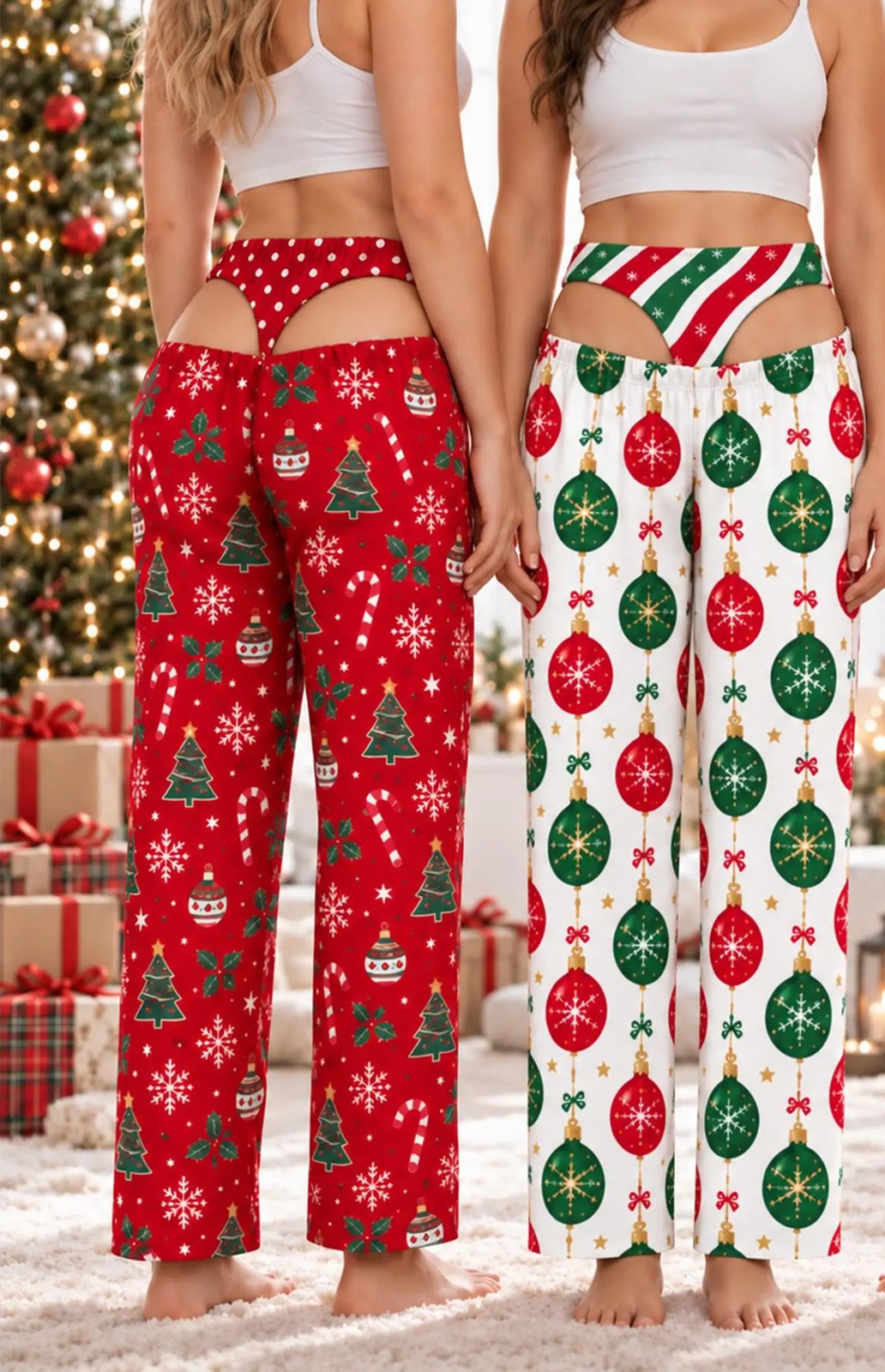 Candy Cane Forest and Ornament Candy Stripe Christmas pajama pants